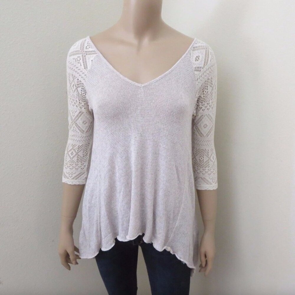 Hollister Womens Lace Knit Top Shirt Size XS Light Gray & Cream 3/4 Sleeves